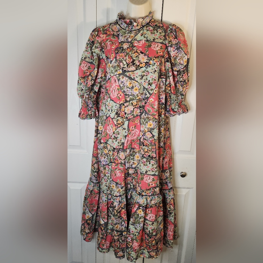 Floral Patchwork Midi Dress in Coral and Cream